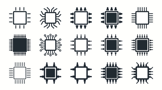 A collection of various integrated circuit and microchip icons representing computer hardware and technology components.