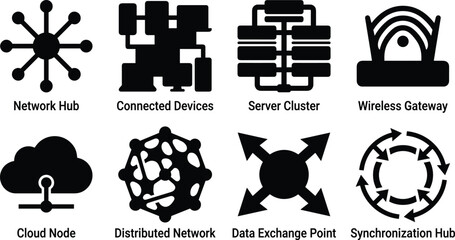 Network Infrastructure and Cloud Computing Icons Set with Server Wireless and Data Synchronization Symbols © Mst