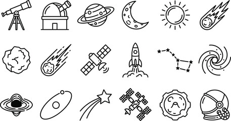 Space themed Line Icons Featuring Telescope Planets Rocket And Astronaut Helmet astronomy celestial cosmos galaxy © Vector Mahi