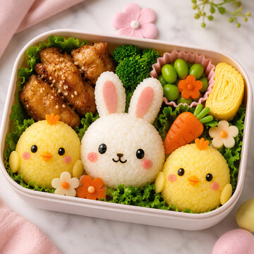 Cute kawaii animal character bento lunch box with rabbit and chick rice balls