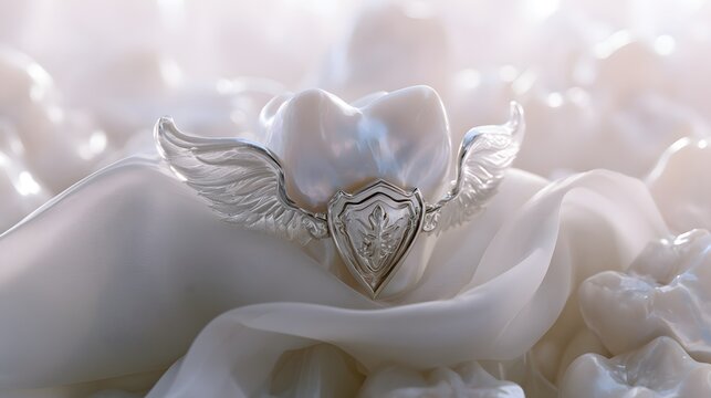 A radiant dental symbol protected by silver wings rests on flowing fabric a serene creative concept