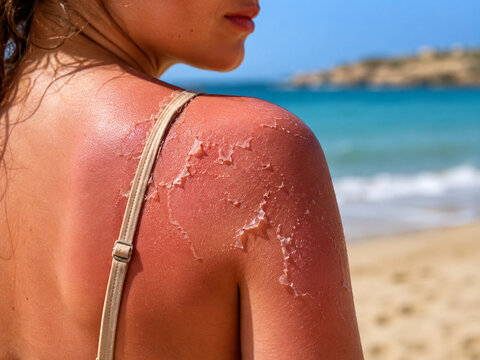 Closeup of severe sunburn and peeling skin on a woman's shoulder at the beach