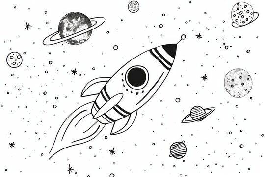 Cartoon rocket flying among planets and stars, black and white coloring page for kids