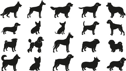 Dog Breeds Silhouette Set with German Shepherd Poodle Bulldog Chihuahua Corgi and Husky Black Vector Icons Illustration Collection © MdJillur