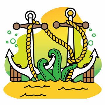 A mythical kraken rising from the deep, its textured tentacles intertwined with heavy ship anchors and thick, frayed mooring lines.
