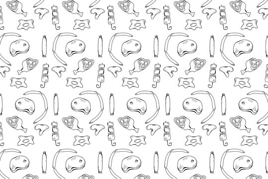 Hand-drawn doodle meat product pattern with steaks, sausages, ham, skewers, fried eggs, and chicken wings on white background