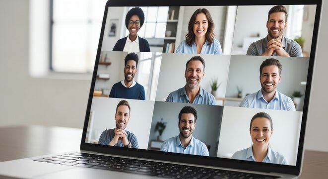 Diverse team collaborating on a video conference call on a laptop screen, online meeting, remote work