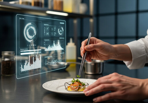 Chef plating gourmet food with digital data interface