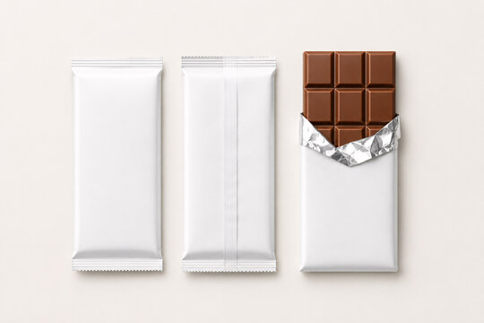 Chocolate Bar Packaging Mockup Set with Blank Wrappers and Open Milk Chocolate. Food Branding Template