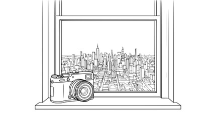 Fototapeta premium Line art illustration of a vintage style camera on a windowsill overlooking a city skyline