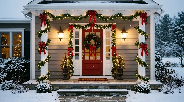Festive holiday home exterior with red door and snowy landscape