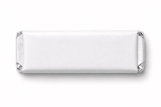 Blank white chocolate bar paper wrapper mockup with foil edges top view