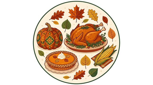 Thanksgiving traditional food feast roasted turkey pumpkin pie and corn illustration for holiday celebrations