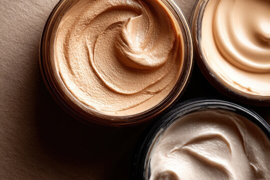 High angle close up of various cosmetic makeup foundation cream shades in jars with cosmetics foundation skincare containers products complexion moisturizer treatment cosmetic collection