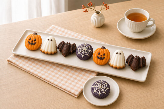 Assorted Halloween shaped madeleines with afternoon tea