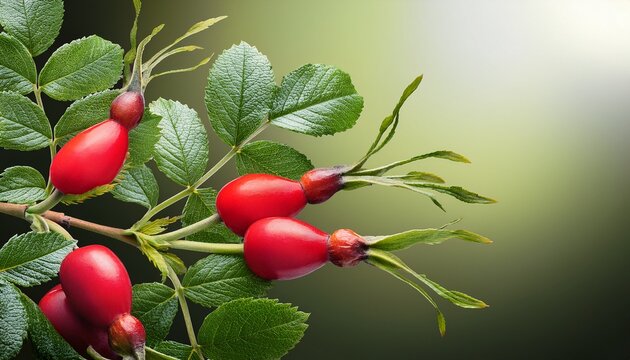 Wild Rose Hip Branch With Red Berries And New Spring Leaves