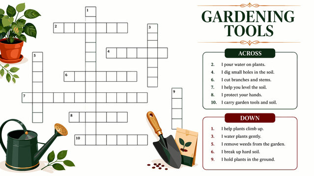 Gardening tools crossword puzzle design. Green watering can and trowel rest beside puzzle grid. Plants and leaves decorate the image's edges. Simple, cheerful, educational design for gardeners