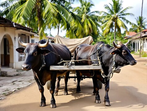 Two Black Cows Pulling a Traditional Wooden Cart.