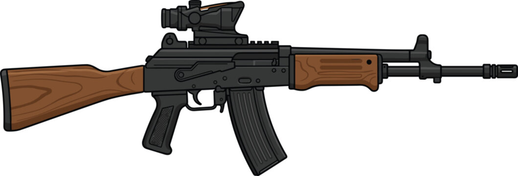 Assault rifle vector illustration with wooden stock and red dot scope, isolated on white background, military weapon flat design for gun and firearm concepts