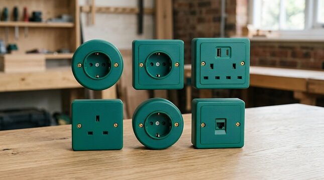 Set of emerald power socket enclosures featuring round and square configurations  emerald power socket enclosures round square configurations electrical fittings green frames wall