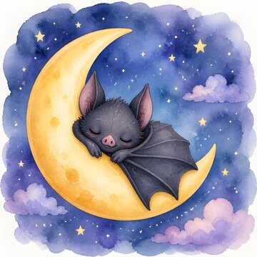 Cute bat emoji sleeping on a crescent moon, watercolor illustration, dreamy style