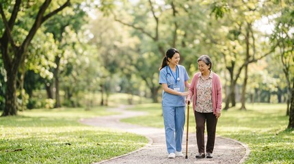 Obraz premium caregiver elderly woman receiving assistance and support as they walk together on a path in a park, forming a meaningful bond and holding hands