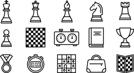 Chess Pieces And Game Elements Black Line Art Icons On White Background pawn rook knight © Vector Mahi