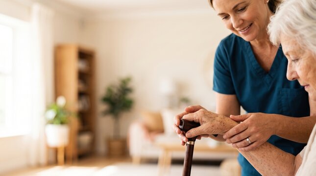 caregiver elderly woman receiving support as a nurse helps her with a cane, highlighting the bond and assistance provided through compassionate care