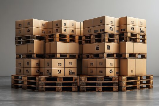 Stacked cardboard boxes on wooden pallets, warehouse storage
