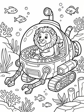 Coloring page, cool lion operating a high-tech underwater rover.