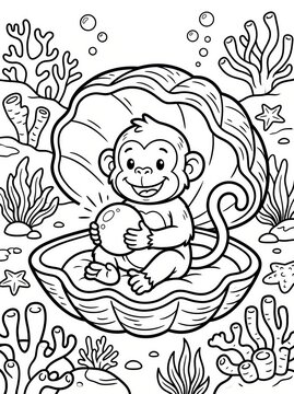 Coloring page, happy monkey holding a glowing pearl in a giant clam.