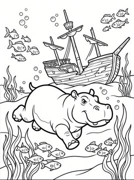 Coloring page, brave hippo exploring a wooden shipwreck.