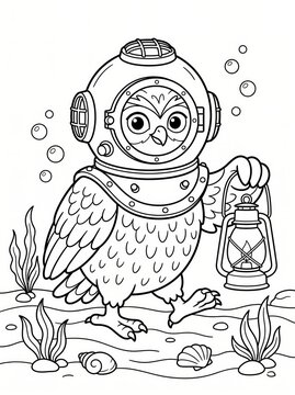 Coloring page, wise owl wearing a vintage diving helmet.