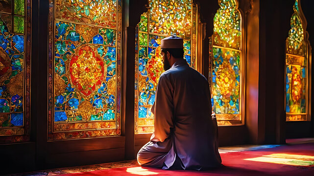 Person praying in a beautifully decorated mosque interior . Ai Generated