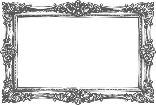 ornate vintage rectangular frame with intricate floral and scrollwork design in black and white