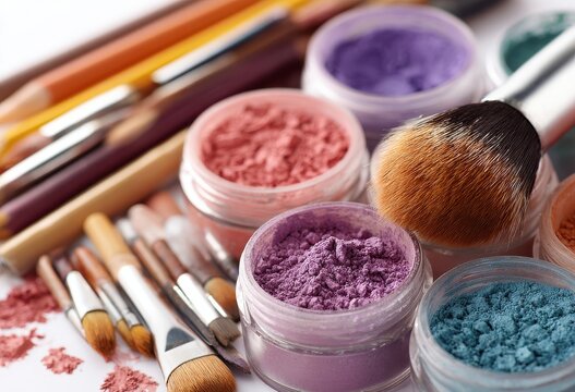 Professional makeup brushes and colorful pigment powder jars for cosmetic artistry with cosmetics eyeshadow colorful professional cosmetic application creativity accessory pigments vibrancy