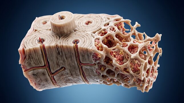 A detailed cross-section of a bone showing its intricate structure and texture