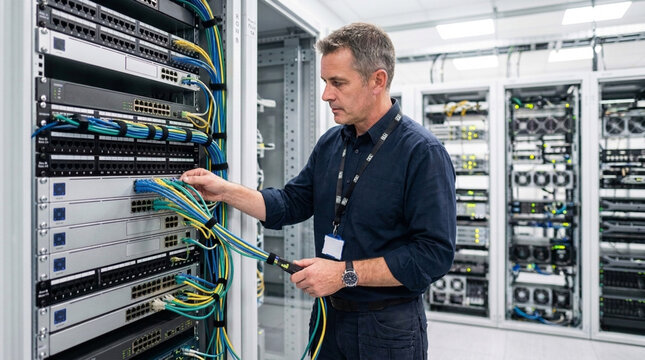 IT technician connecting network cables in a server room with racks of equipment