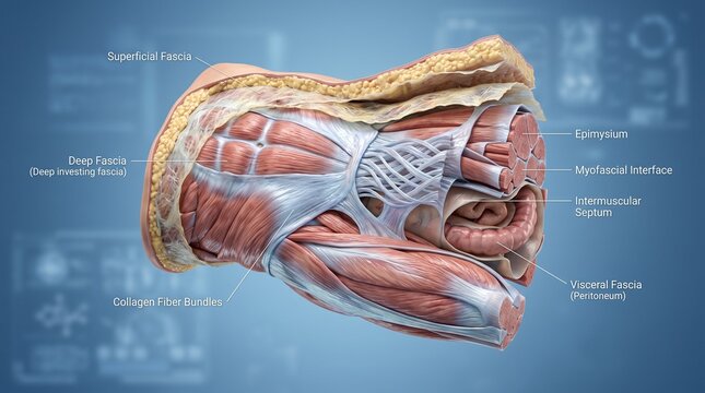 A detailed illustration of human anatomy showing layers of muscle and fascia