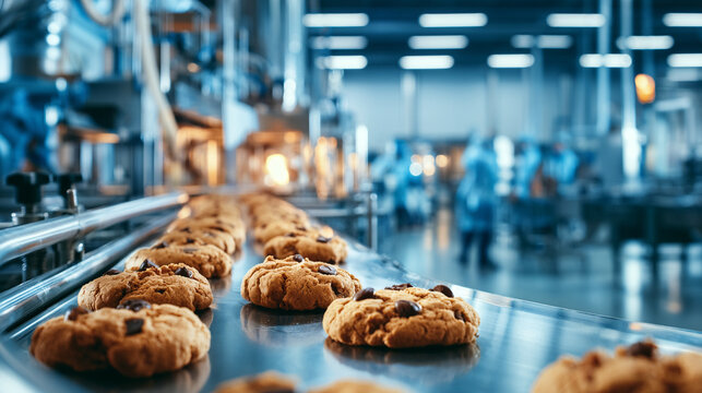 Freshly Baked Chocolate Chip Cookies Moving On A Steel Conveyor Belt
