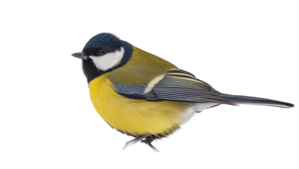 Isolated profile view of a vibrant Great Tit bird with black head, white cheeks, and yellow body © Francisco