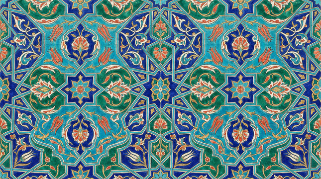 ottoman turkish ceramic tiles with complex geometric and floral pattern featuring stars, tulips, and arabesques.
