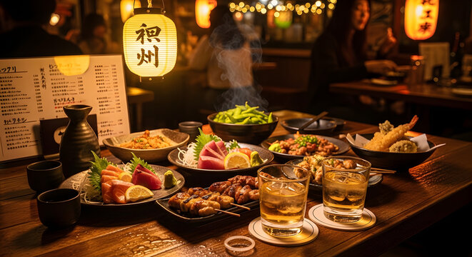 Japanese izakaya table features a variety of traditional dishes and drinks under warm lanterns.