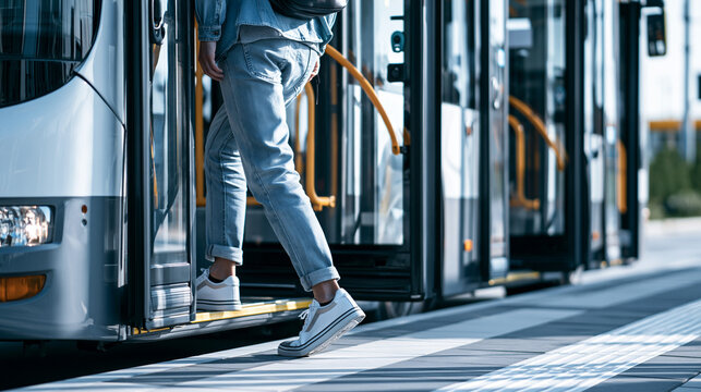 Lower body view of a passenger stepping onto a modern city bus from a marked pedestrian crossing at an urban bus stop.
