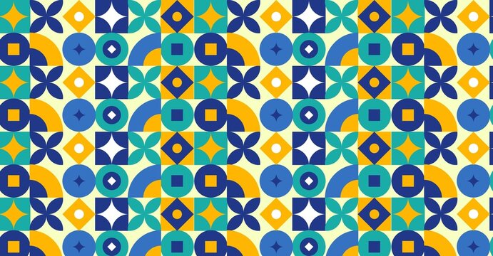 Colorful mid-century modern geometric seamless pattern with circles squares and stars