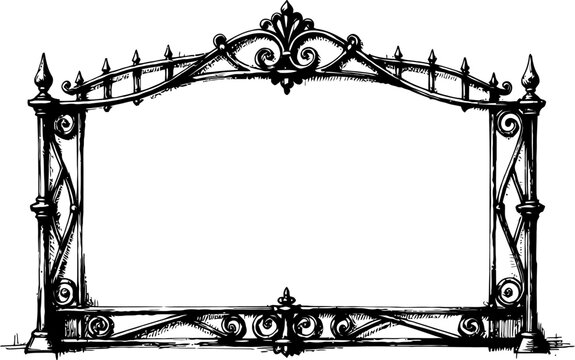 ornate vintage iron gate frame with intricate scrollwork and decorative elements