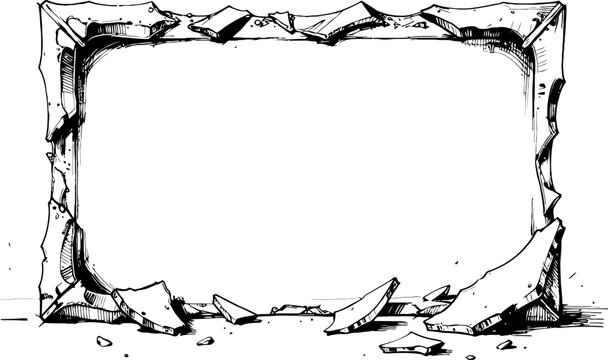 Broken cracked stone frame with rough textured edges and scattered fragments hand drawn black and white illustration