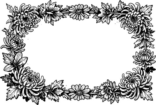 Decorative floral frame with chrysanthemum flowers and leaves, vintage black and white botanical border design