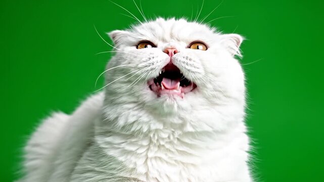 Angry Scottish Fold Cat Yelling on Green Screen Background