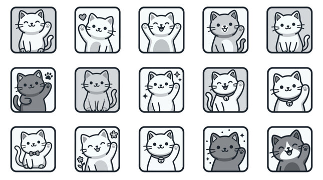 Waving grey and white cat icon collection.
